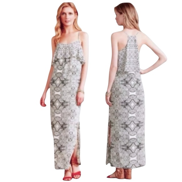 $168 Anthropologie Maxi Dress 6 Medium Silver Balls Trim Halter Tiered Bodice - Picture 4 of 16